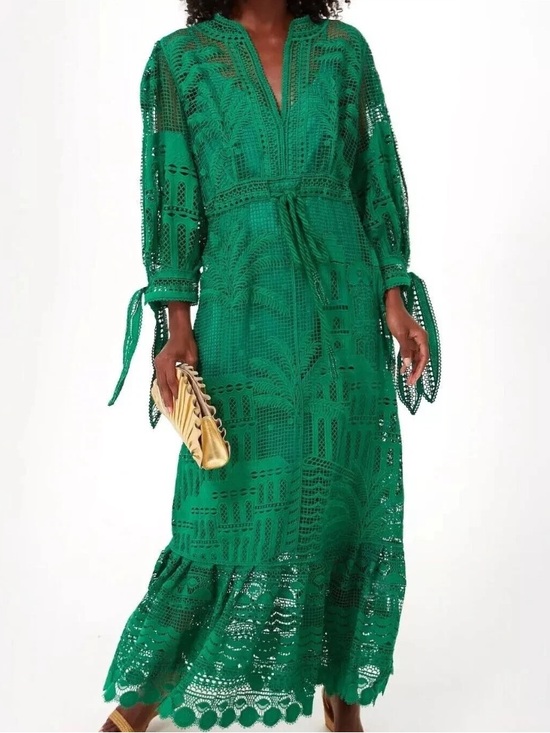 House of Harlow 1960 Green Crochet Embroidered Long Sleeve Maxi Dress Sz S NWOT - Picture 5 of 11